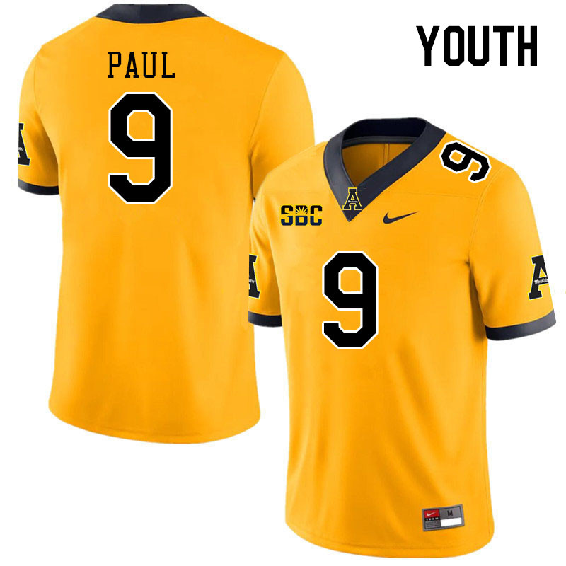 Youth #9 Jarrett Paul Appalachian State Mountaineers College Football Jerseys Stitched Sale-Gold - Click Image to Close